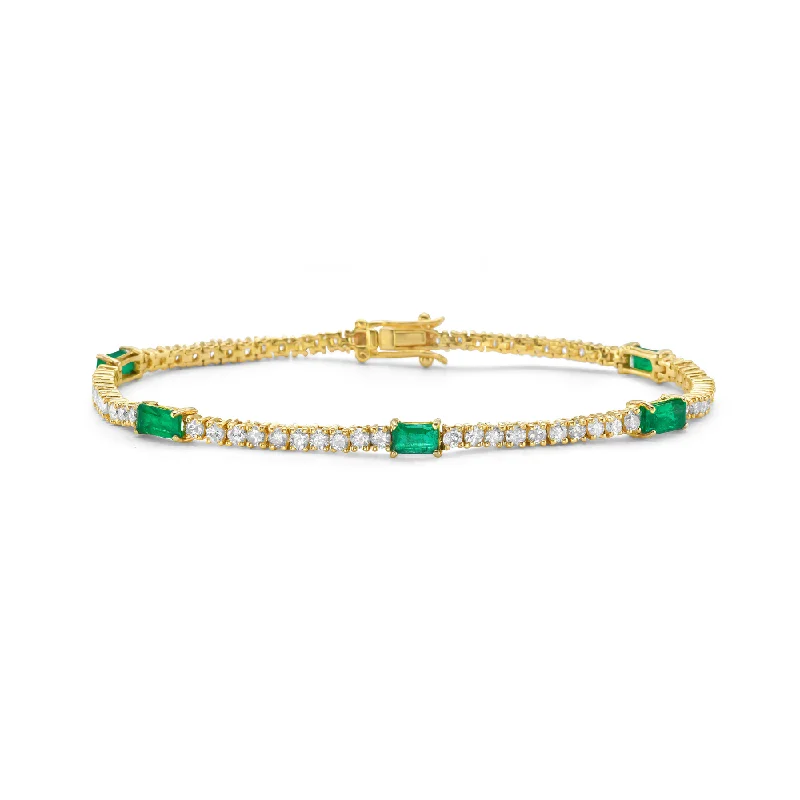 Etched band bracelet-Alternate Diamond & Elongated Emerald Cut Emerald Tennis Bracelet (4.95 ct.) 4-Prongs Setting in 14K Gold