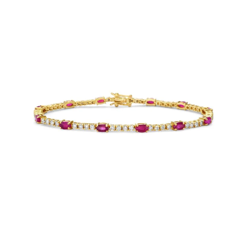 Satin gold bracelet-Alternate Diamond & Oval Ruby Tennis Bracelet (5.45 ct.) 4-Prongs Setting in 14K Gold