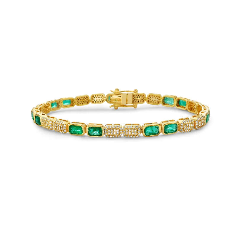 Leaning stone bracelet-Emerald Cut Emerald & Pave Diamonds Tennis Bracelet (5.50 ct.) Bezel Setting in 14K Gold