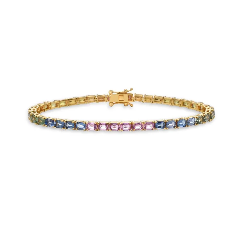 Open-crescent bracelet-Emerald Cut Rainbow Multi Color Sapphire Tennis Bracelet (10.85 ct.) in 14K Gold