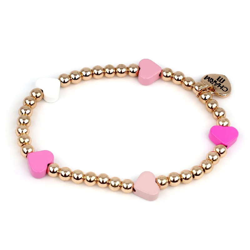 Elastic stone bracelet-Gold Bead Pink Heart Stretch Bracelet