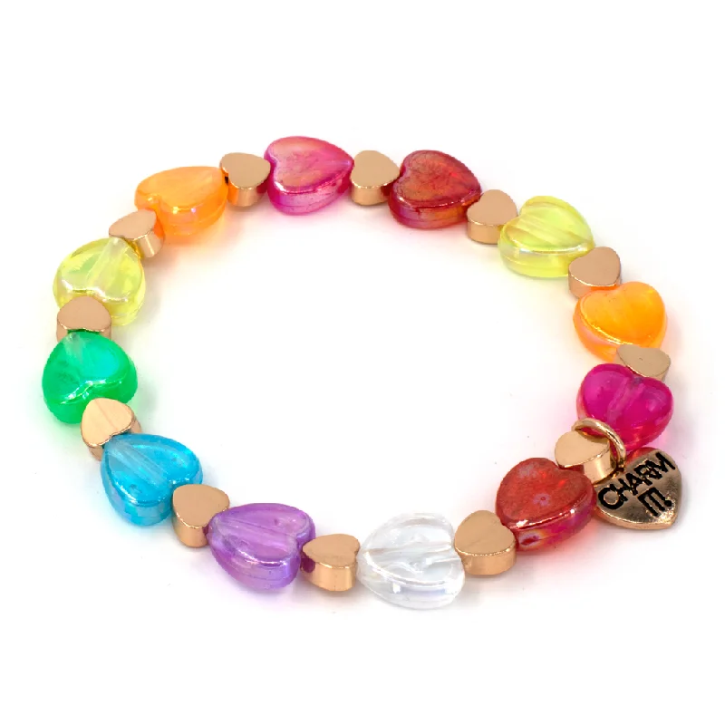 Retro-style opal bracelet-Gold Rainbow Heart Bead Stretch Bracelet