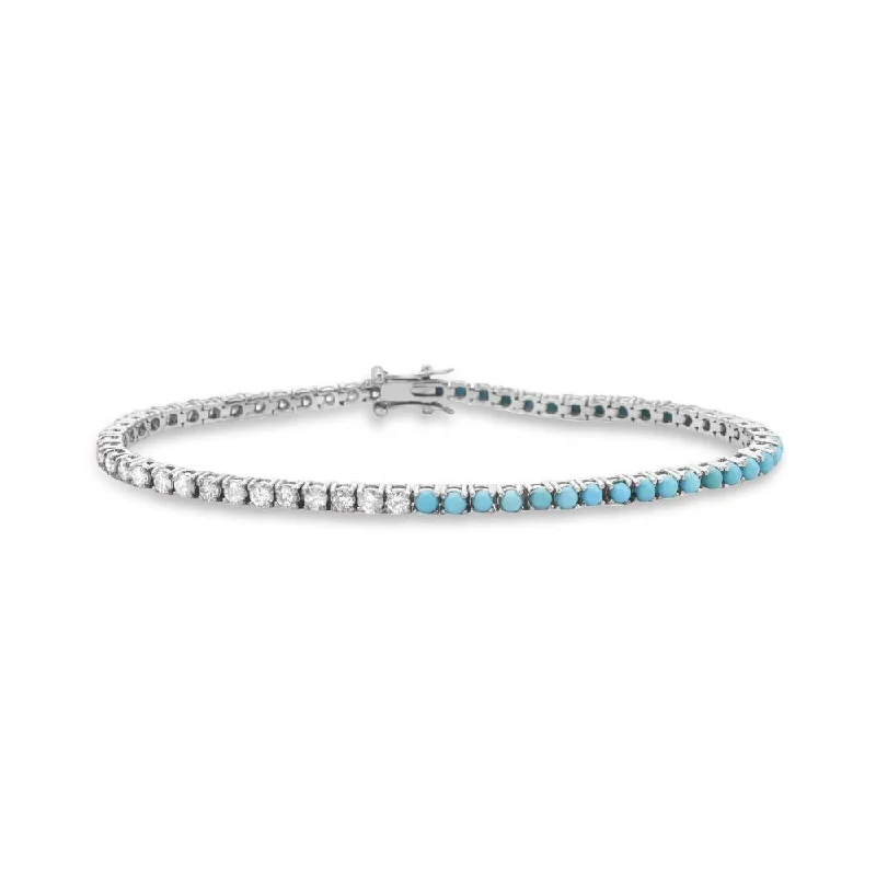 Mottled gem bracelet-Half Diamond & Half Turquoise Tennis Bracelet (3.80 ct.) 4-Prongs Setting in 14K Gold