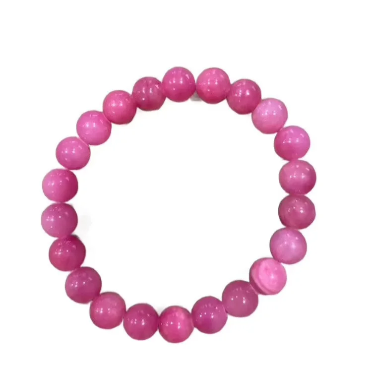 Hand-etched bracelet-Hibiscus Pink Mountain Jade 8mm Bracelet