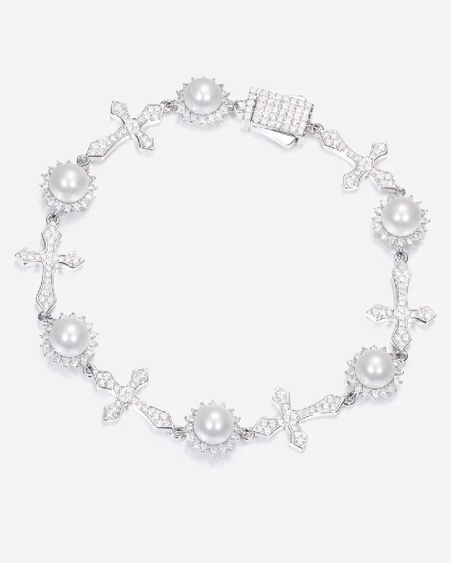 Offset gem bracelet-MOISSANITE ICY CROSSES & PEARLS BRACELET. - WHITE GOLD