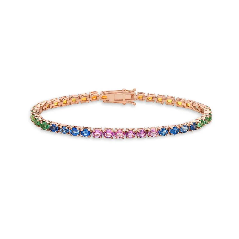 Icy topaz bracelet-Multicolor Rainbow Oval Sapphires Tennis Bracelet (10.00 ct.) 4-Prongs Setting in 14K Gold