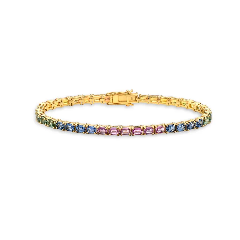 Faded rim bracelet-Emerald Cut Multicolor Rainbow Sapphire Tennis Bracelet ( 10.50 ct. ) 4-Prongs Setting in 14K Gold