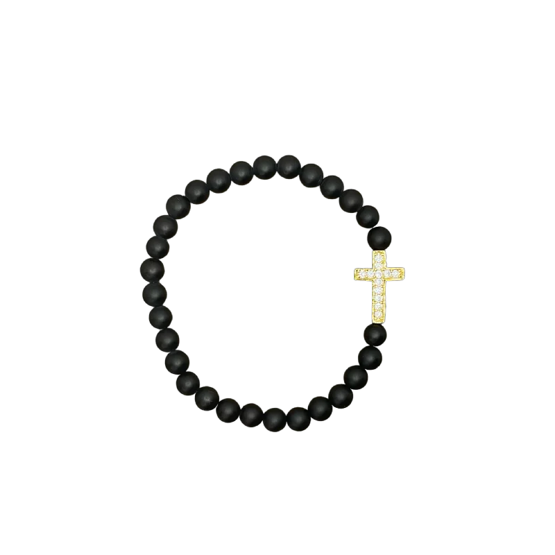 Lush emerald bracelet-Small Gold Pave Cross Matte Black 6mm