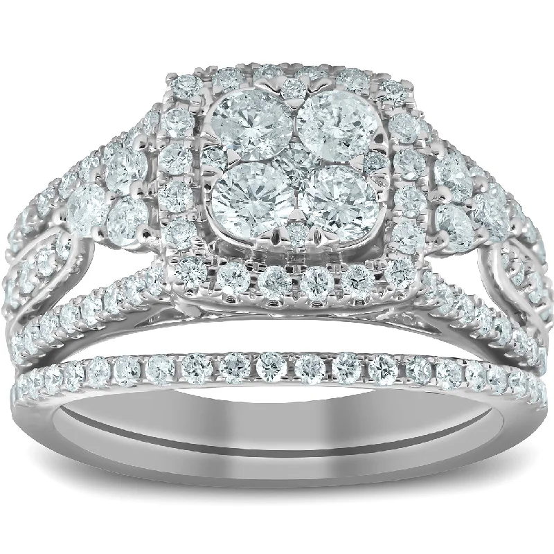 Crafted gold ring-1 1/2 Ct Cushion Halo Round Diamond Engagement Wedding Ring Set 10k White Gold