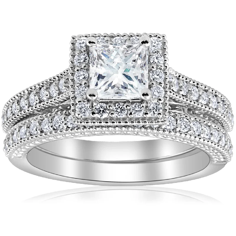 Clean-cut ring-1 1/2ct Princess Cut Halo Vintage Diamond Engagement Ring 14k White Gold