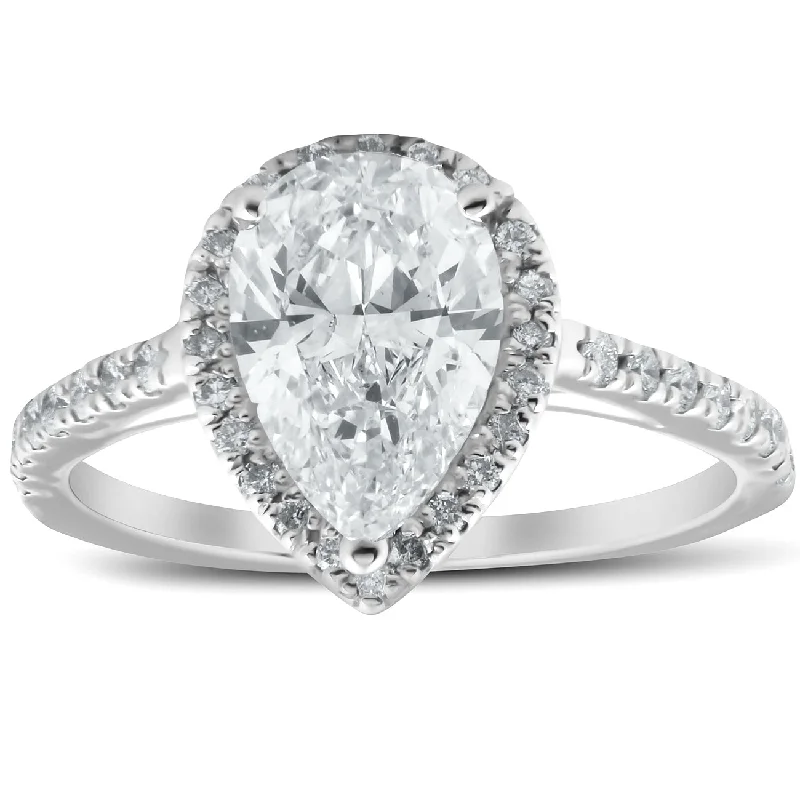 Raw gem ring-1 1/3 Ct Halo Pear Shape Diamond Low Profile Engagement Ring White Gold