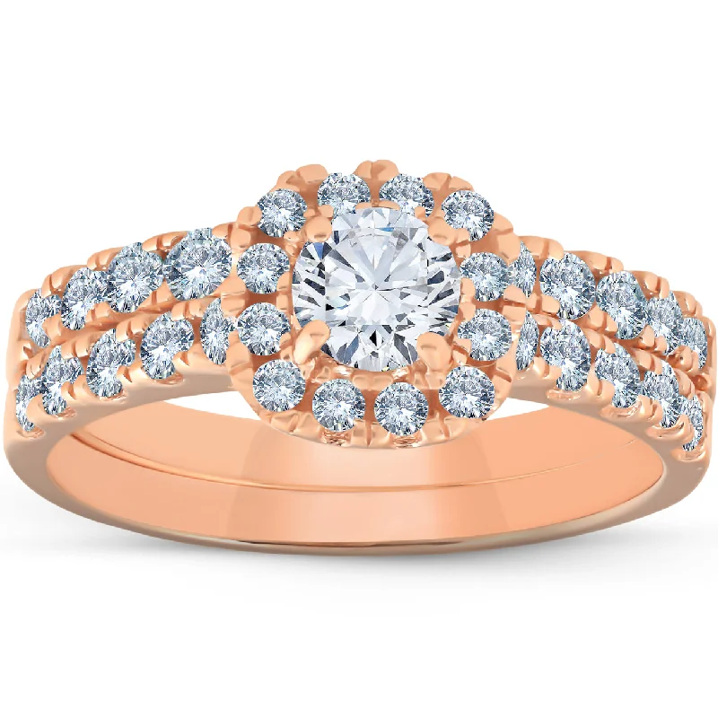 Subtle-scored ring-1 1/4 Ct Diamond Cushion Halo Engagement Wedding Ring Set 14k Rose Gold