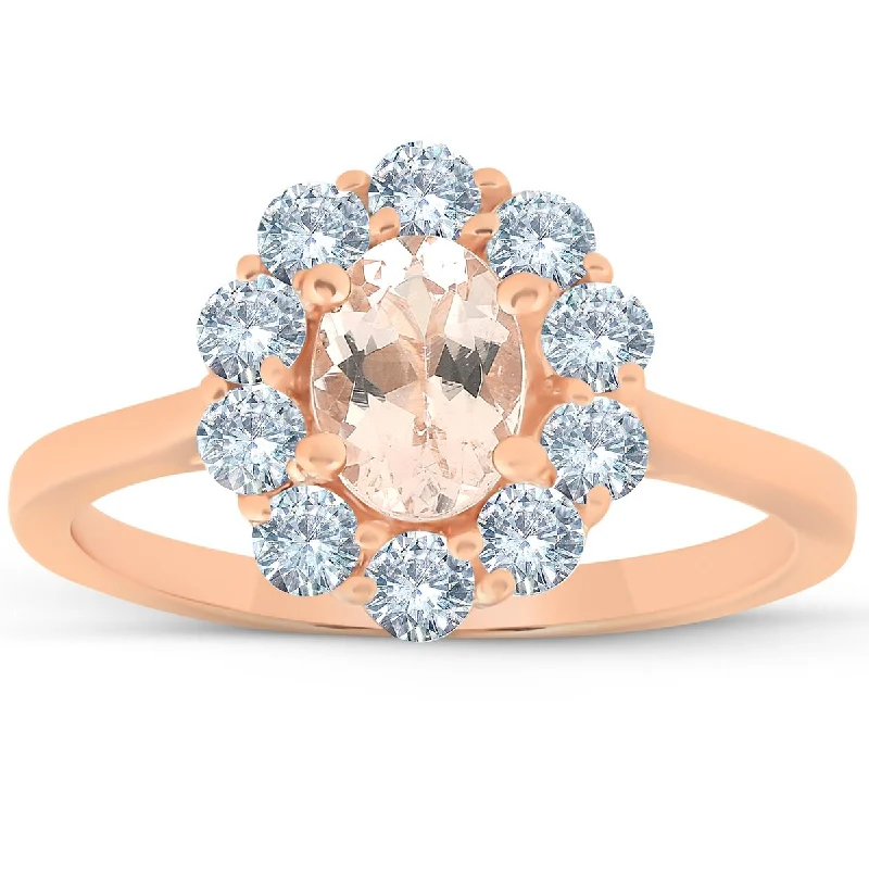 Hooked ring-1 1/4 Ct Oval Morganite & Diamond Halo Ring 14k Rose Gold