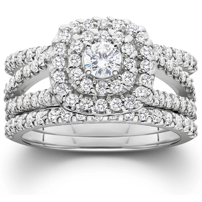 Vivid shale ring-1 1/4ct Diamond Engagement Cushion Halo Wedding Ring Trio Set 10K White Gold