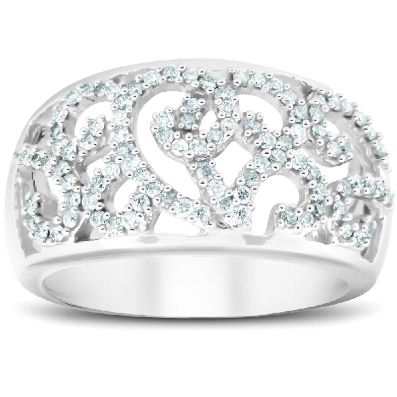 Crescent dusk ring-1/2 Ct Diamond Multi Row Wide Right Hand Cocktail Ring 10k White Gold