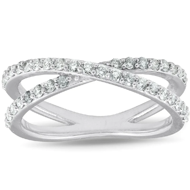 Thick shank ring-1/2Ct Diamond X Ring Wide Womens Fashion Design Multi Row Band 10k White Gold