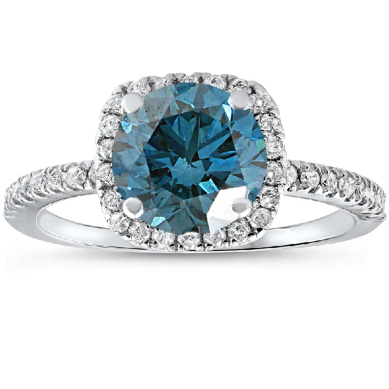 Channeled design ring-1 3/4 ct Blue Diamond Cushion Halo Engagement Ring 14k White Gold