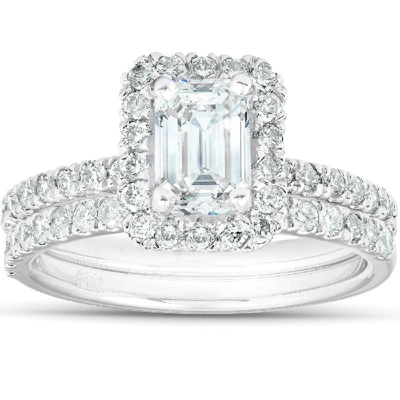 Sheer silver ring-1 3/4 Ct Emerald Cut Diamond Halo Engagement Wedding Ring Set 14k White Gold