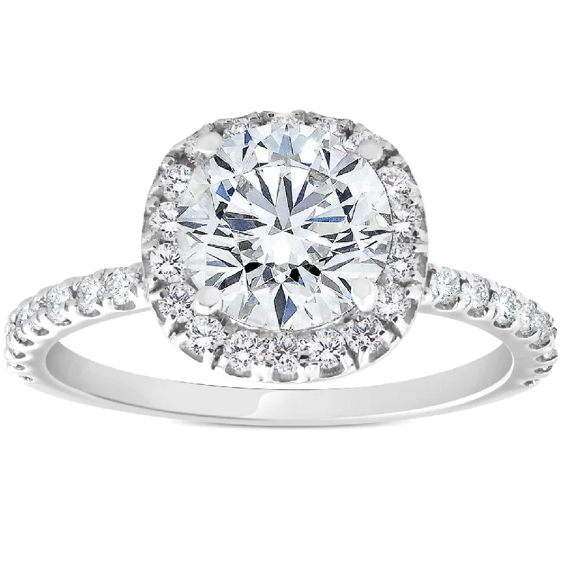 Leaning stone ring-1 3/8ct Diamond Cushion Halo Engagement Ring 14k White Gold