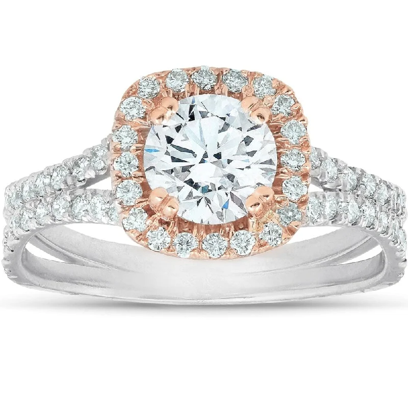 Pointed stone ring-1 5/8 Ct Diamond Engagemnt Ring Cushion Halo Two Tone 14k White & Rose Gold