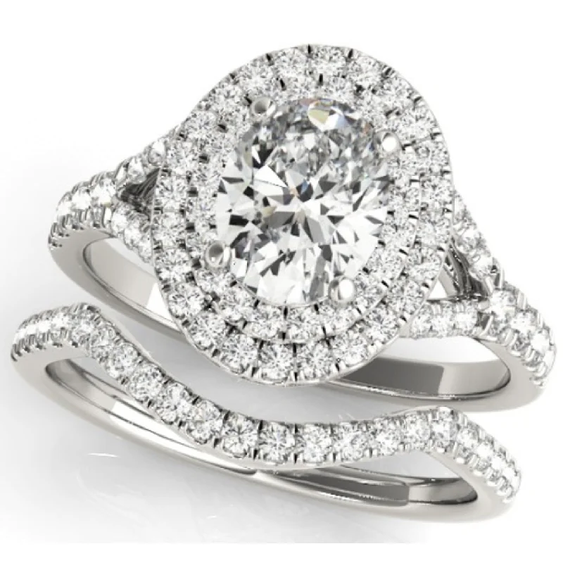 Stippled band ring-1 5/8 Ct Oval Diamond Engagement Halo Ring & Matching Band 14k White Gold