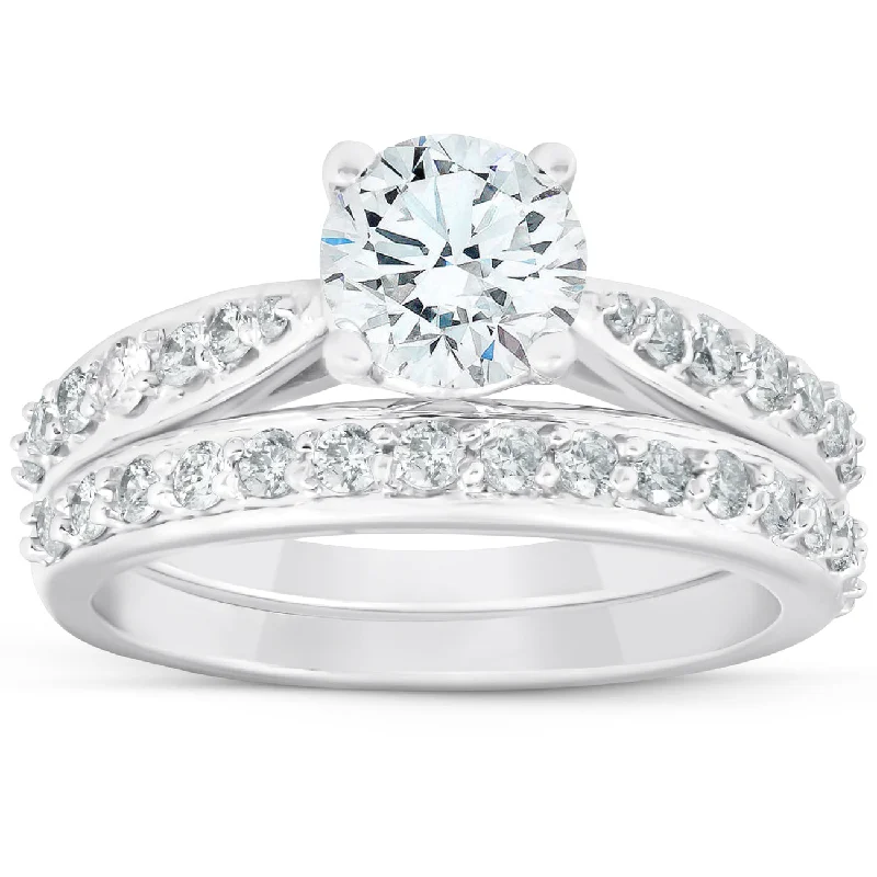 Sweeping ridge ring-1.58 Ct Diamond Engagement Wedding Ring Set 14k White Gold 6.12 grams