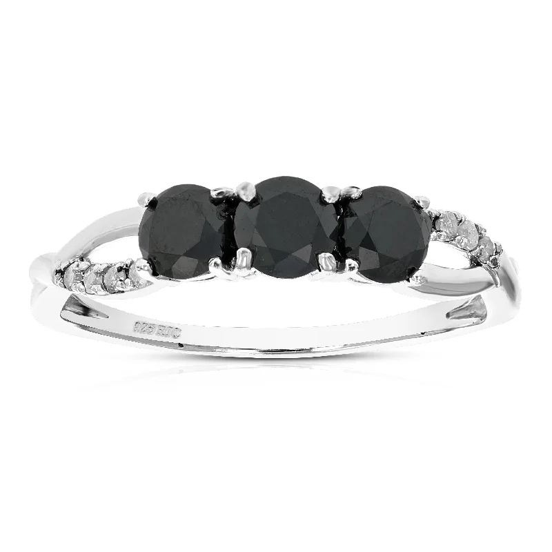 Pointed stone ring-1 CT 3 Stone Black Diamond Ring Criss Cross Design Sterling Silver