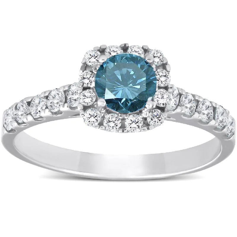 Fine filigree ring-1 Ct Blue Diamond Cushion Halo Engagement Ring 14k White Gold