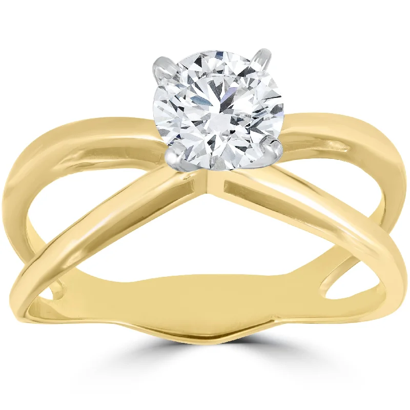 Offset gem ring-1 ct Round Diamond Solitaire Split Shank Engagement Ring 14K Yellow Gold