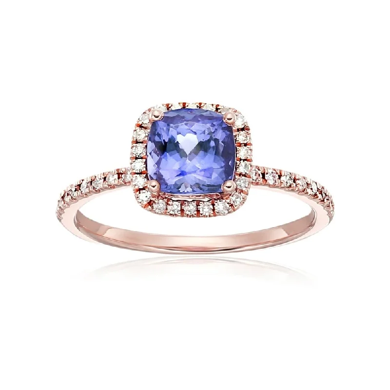 Flowing design ring-10k Rose Gold Tanzanite and Diamond Cushion Halo Engagement Ring, Size 7