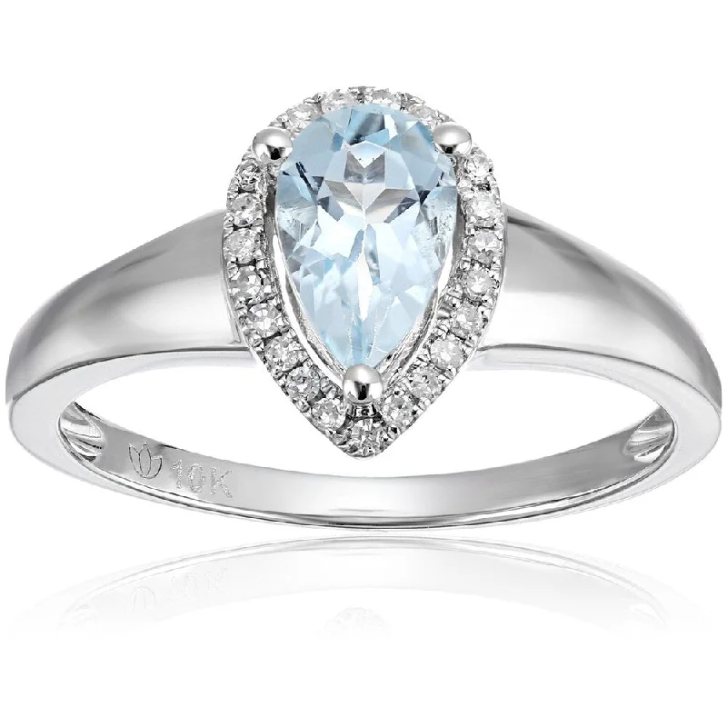 Pentagonal stone ring-10k White Gold Aquamarine Diamond Pear Halo Engagement Ring, Size 7 - Blue