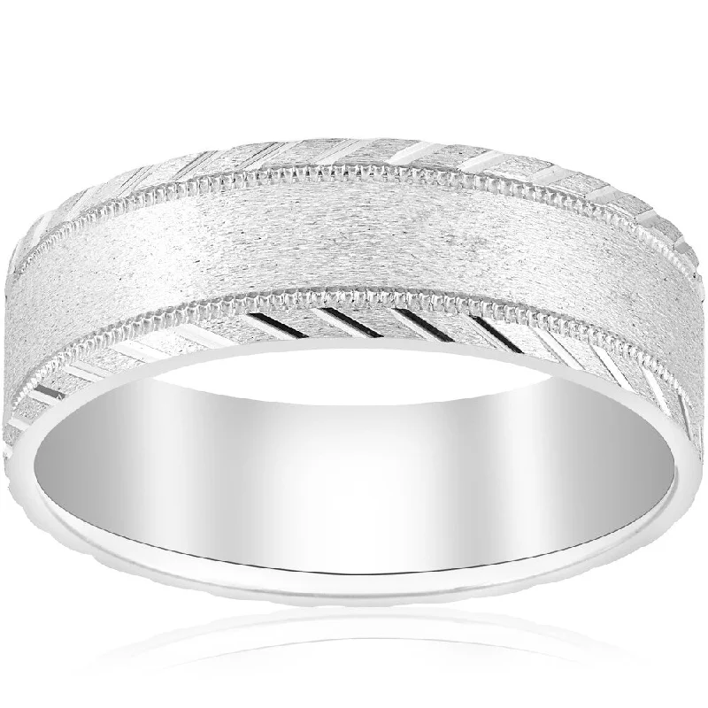 Sweeping arc ring-10k White Gold Mens Band 7mm Flat Brushed Polished Cuts Comfort Fit Wedding Ring