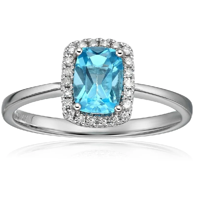 Dappled crystal ring-10k White Gold Swiss Blue Topaz, Diamond Cushion Engagement Ring, Sz 7