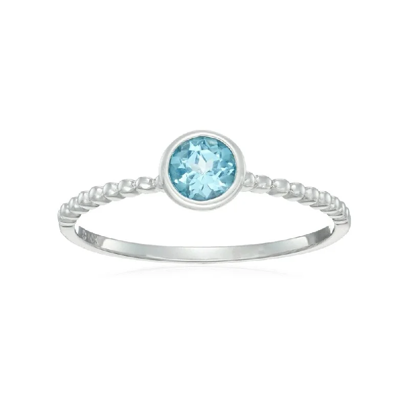 Flecked glaze ring-10k White Gold Swiss Blue Topaz Solitaire Beaded Stackable Ring