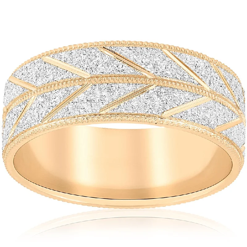 Vivid shale ring-10k White & Yellow Gold Mens Two Tone Wedding Ring 8MM Sandblast Leaf Vintage Band