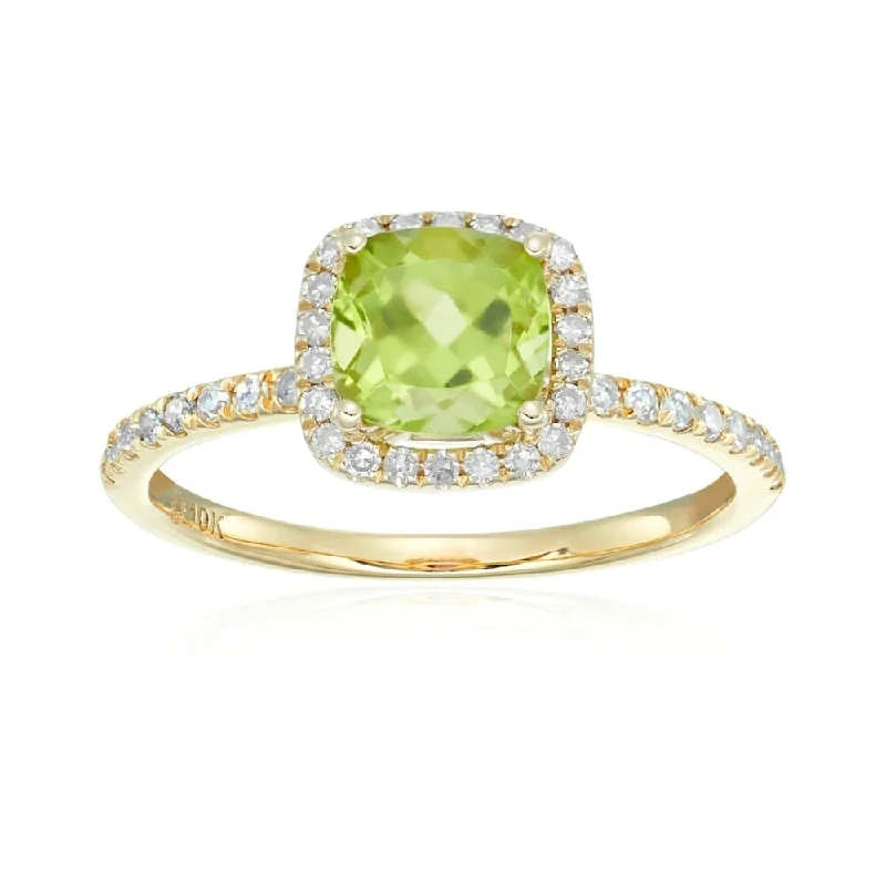 Elastic stone ring-10k Yellow Gold Peridot and Diamond Cushion Engagement Ring