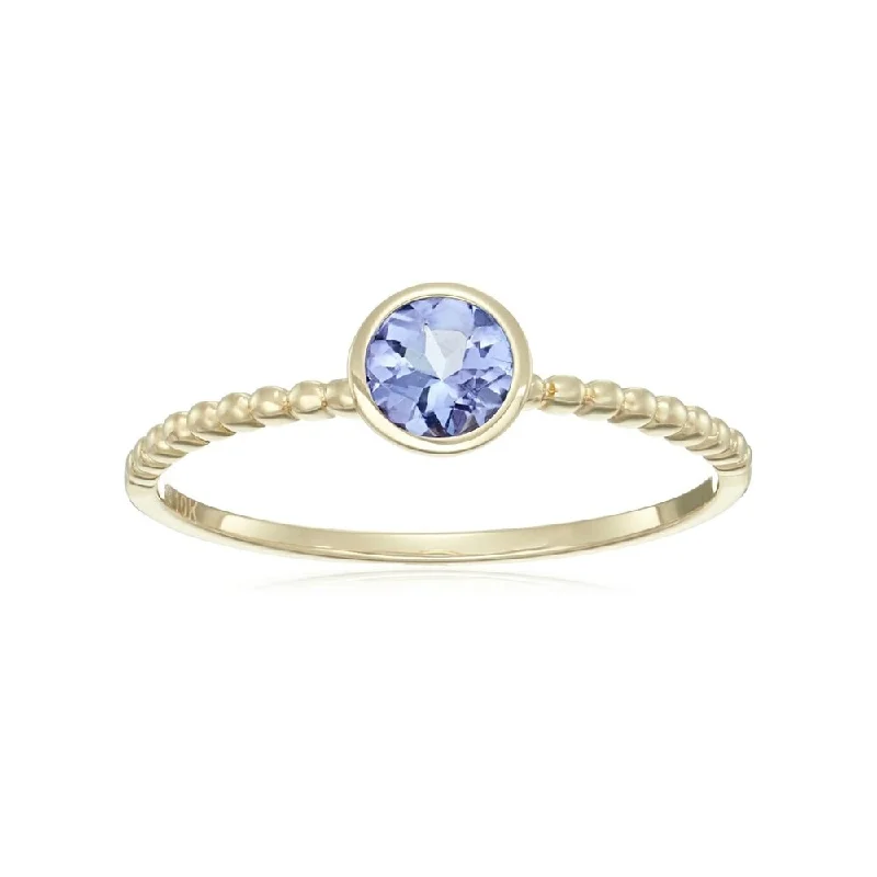 Linked band ring-10k Yellow Gold Tanzanite Round Solitaire Beaded Shank Stackable Ring