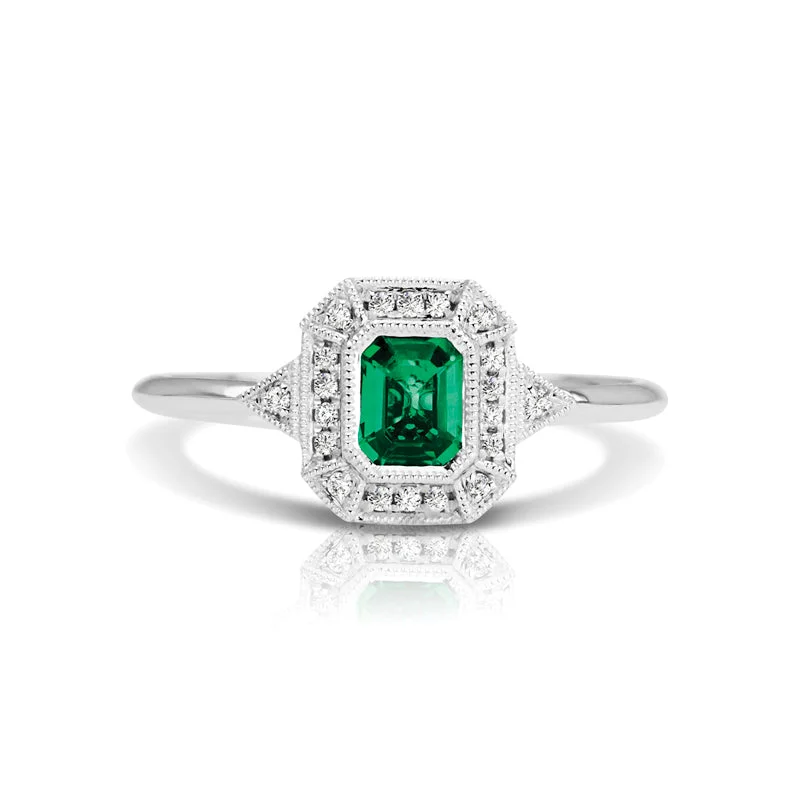 Open-frame ring-14K White Gold Emerald and Diamond Ring