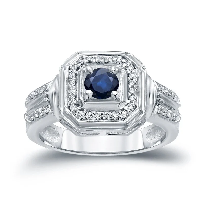 Smooth edge ring-14k Gold 1/5ct Blue Sapphire and 1/5ct TDW Round Diamond Engagement Ring H