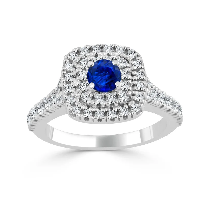 Twilight-cut ring-14k Gold 2/5ct Blue Sapphire and 3/5ct TDW Double Diamond Halo Engagement Ring by Auriya