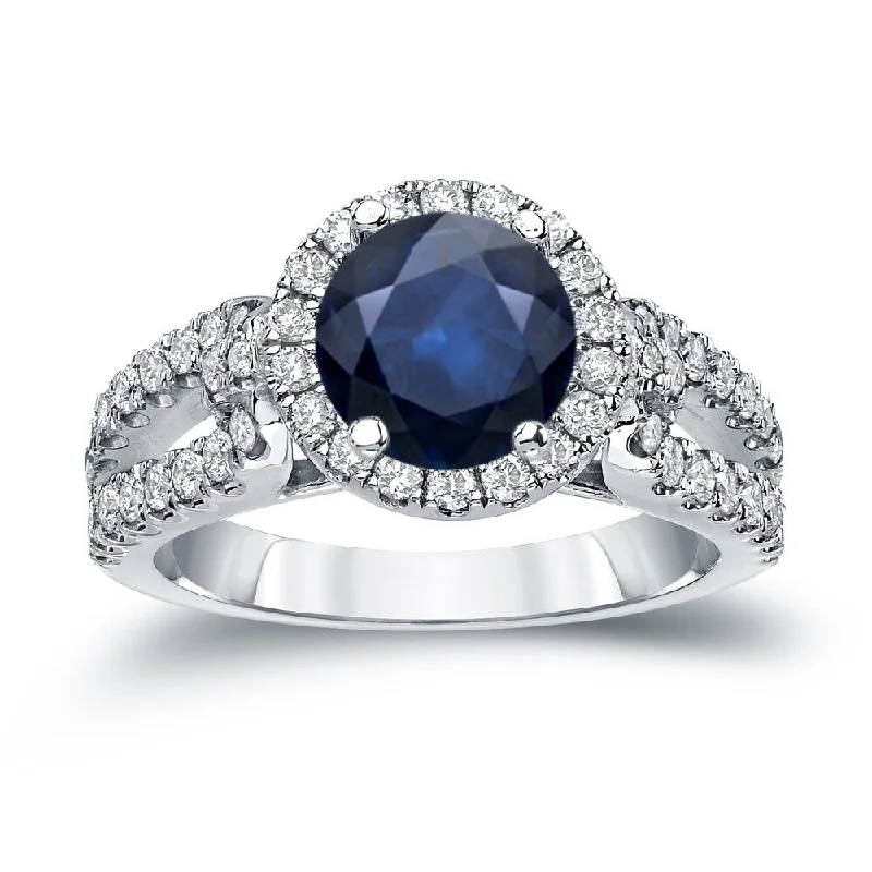 Vivid moonstone ring-14k Gold Round 3/4ct Blue Sapphire and 3/4ct TDW Diamond Halo Engagement Ring by Auriya