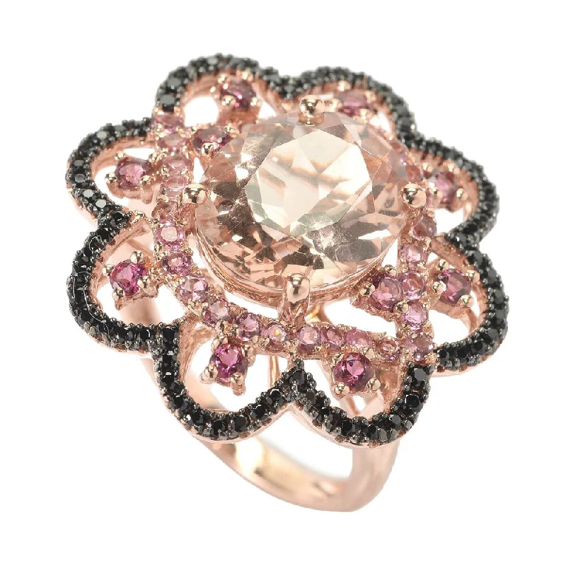 Sweeping ridge ring-14k Rose Gold Morganite Pink Tourmaline and Black Spinel Ring