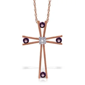 Slim diamond necklace-14K Solid Rose Gold Cross Necklace w/ Natural Diamond & Amethysts