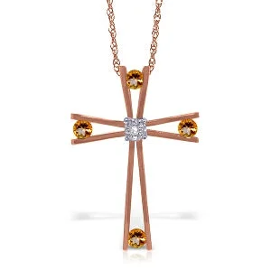 Elastic stone necklace-14K Solid Rose Gold Cross Necklace w/ Natural Diamond & Citrines