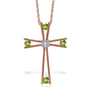 Edge-bezel necklace-14K Solid Rose Gold Cross Necklace w/ Natural Diamond & Peridots