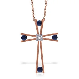 Glossy titanium necklace-14K Solid Rose Gold Cross Necklace w/ Natural Diamond & Sapphires