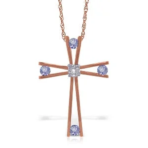 Flecked glaze necklace-14K Solid Rose Gold Cross Necklace w/ Natural Diamond & Tanzanites