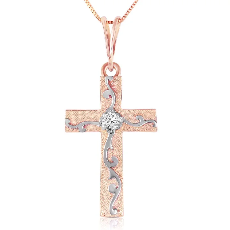 Curved stone necklace-14K Solid Rose Gold Cross Necklace w/ Natural Diamond