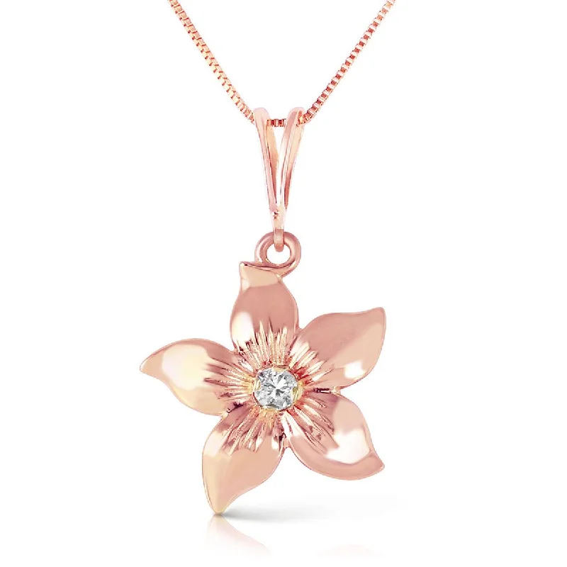 Smooth gem necklace-14K Solid Rose Gold Flower Necklace w/ Natural Diamond