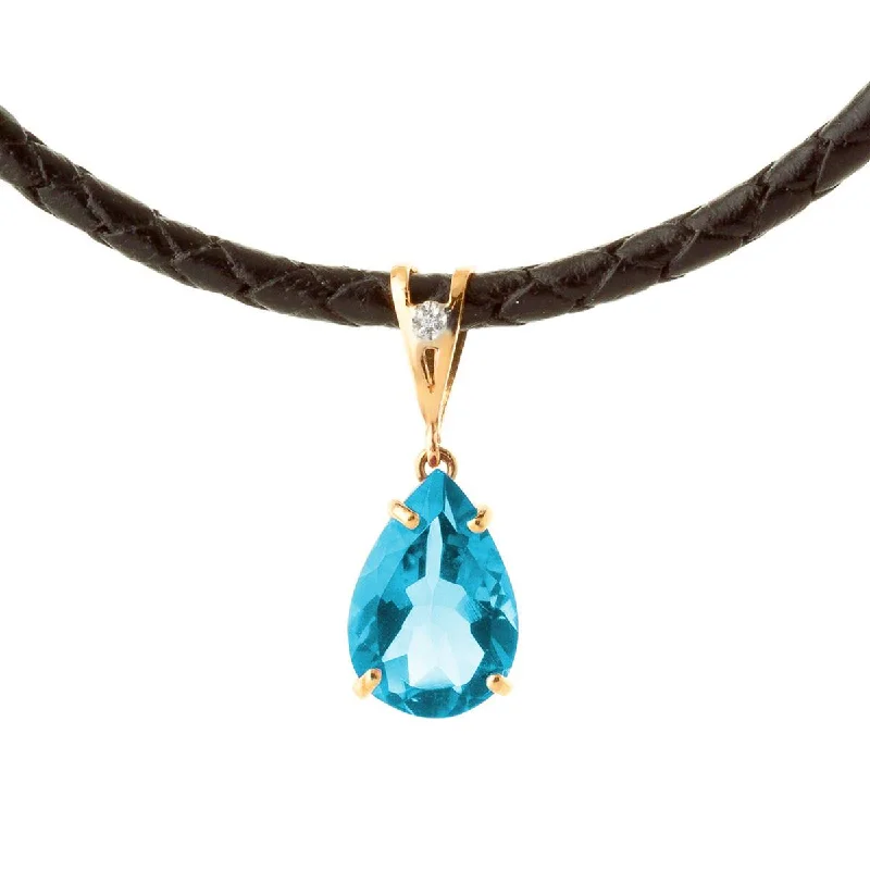 Bright stone necklace-14K Solid Rose Gold & Leather Diamond/Blue Topaz Pear Cut Necklace